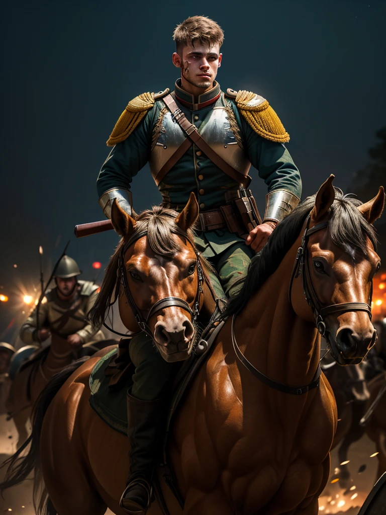 Photograph,22yo slim angry Man dg_ShawnPyfrom (Cavalry charge on the battlefield.),blood splatter,bokeh,cinematic hd 8k highly detailed,trending artstation,at night,colorful,((full sharp, highly detailed skin)), 