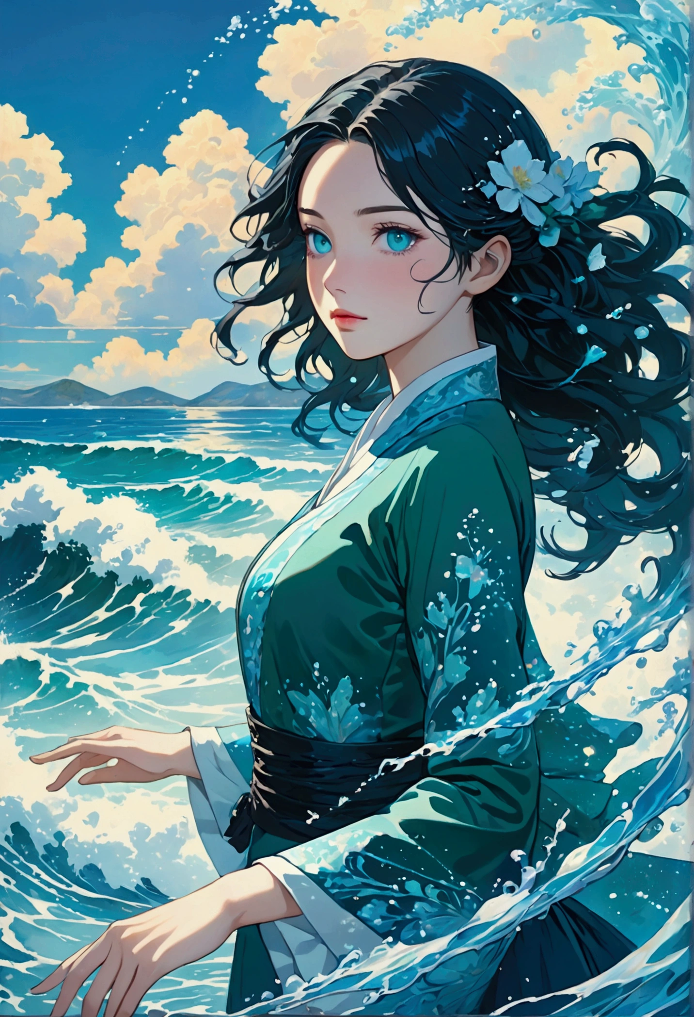 (masterpiece, Top quality, the best, Official Art, beautiful and aesthetic, Long-term contact:1.2), Fluid Movement, Charming pattern,
1 girl, Adult woman, freckle, Emerald Eye, Black wave head,
portrait, Solitary, Upper Body, Looking at the audience, Detailed background, Delicate face, (crystallized aluminum, water晶主题:1.1), elemental water wizard, swirling water, controlling the water, Clothes for fantasy magicians, Dynamic poses, Floating particles, Ethereal Dynamics, water, steam, Ocean in the background, Blue tint, support, Ethereal atmosphere,