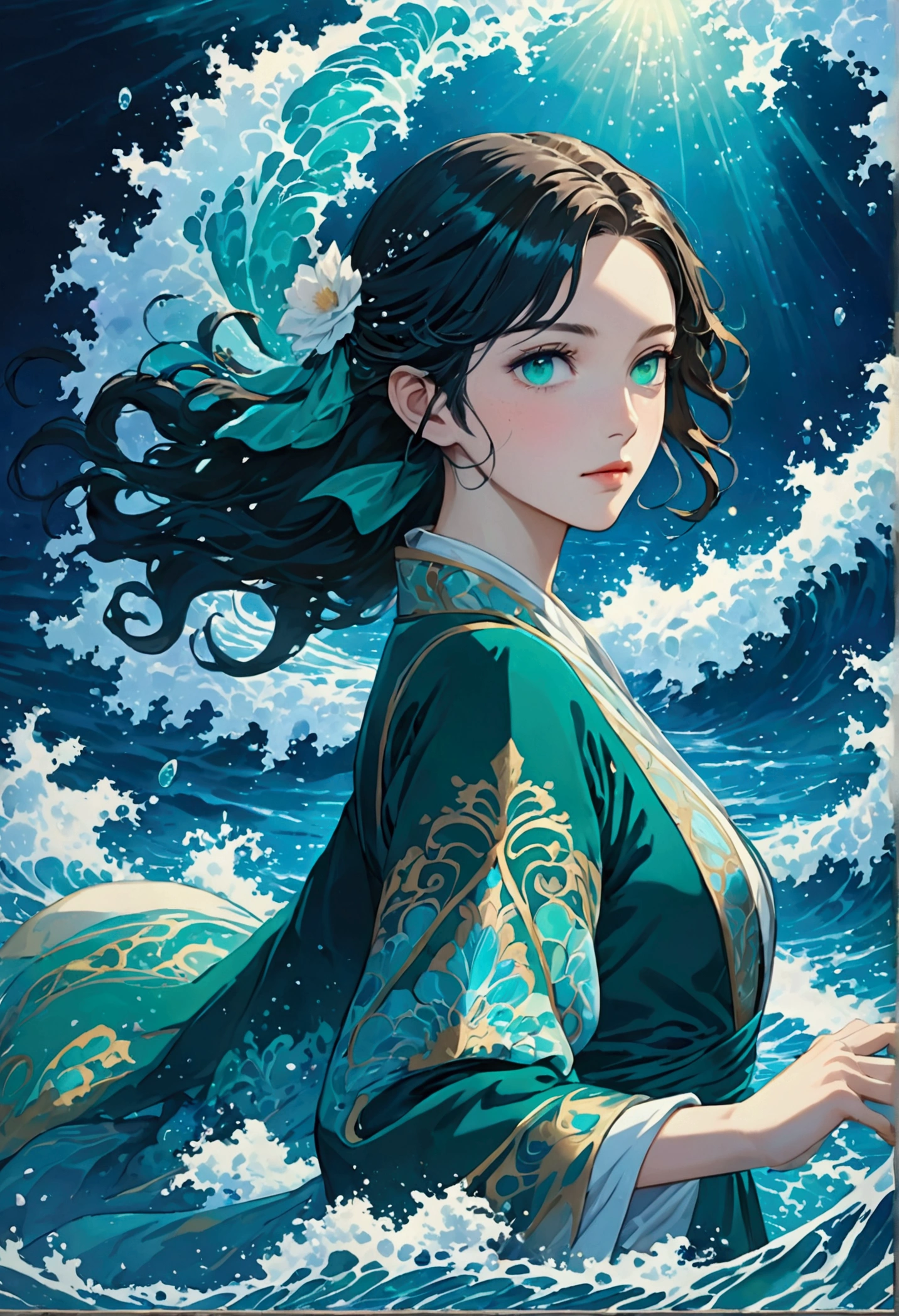 (masterpiece, Top quality, the best, Official Art, beautiful and aesthetic, Long-term contact:1.2),    Fluid Movement, Charming pattern,  
1 girl, Adult woman, freckle, Emerald Eye, Black wave head,
 portrait, Solitary, Upper Body, Looking at the audience, Detailed background, Delicate face, (crystallized aluminum, water晶主题:1.1),  elemental water wizard,  swirling water, controlling the water, Clothes for fantasy magicians, Dynamic poses, Floating particles,  Ethereal Dynamics, water,  steam, Ocean in the background, Blue tint, support,  Ethereal atmosphere,