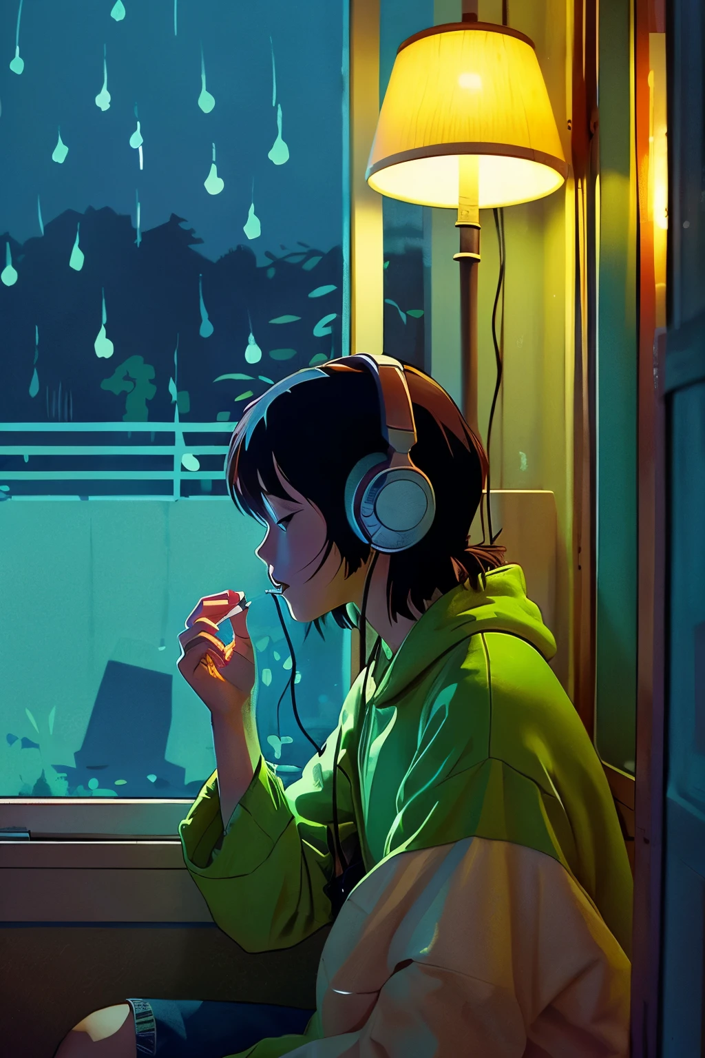 night、Girl listening to music in a cozy room, Use headphones, 2D Style Anime,  Rain outside the window、Analog Color Theme、Ghibli style、neon