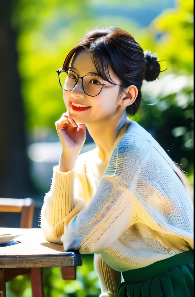 (8k, RAW photo, best quality, masterpiece), (photo realistic), outstanding details, ultra-high resolution, anatomically correct, textured skin, (Extremely precise and accurate anatomy),
Ultra Detailed Face, Detailed Eyes,
A cute 35 year old Japanese girl, (Relaxing at an open-air cafe in the forest), Iced tea on the table,
cowboy shot, (looking at viewer:1.4),
(light smile:0.1), (Mouth slightly open:0.1),
(chignon:1.4), low chignon, (Small nose:1.2) , (small mouth:1.2),
(Ultra Detailed Rimless small glasses), pupils sparkling, thin lips, thin eyebrows,
dark brown hair, Forehead,
Earrings,
(white simple summer sweater:1.2),
Necklace,
(simple cotton flared skirt , Light brown and long length skirt),
(background Fresh green forest, outdoor cafe,),
morning sun, (backlighting),
reflection light from below,
atmospheric perspective, depth of field,
(dramatic lighting), cinematic lighting,