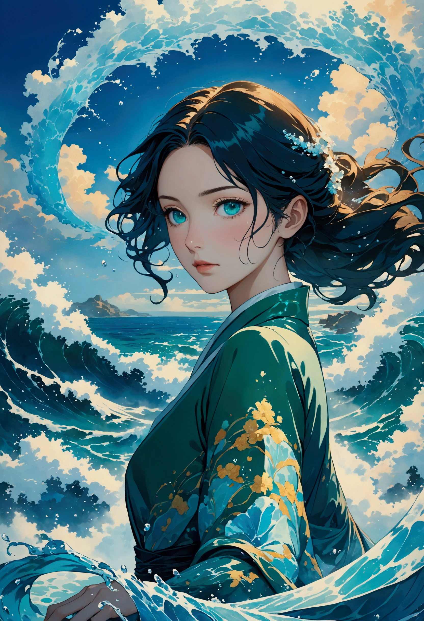 (masterpiece, Top quality, the best, Official Art, beautiful and aesthetic, Long-term contact:1.2),    Fluid Movement, Charming pattern,  
1 girl, Adult woman, freckle, Emerald Eye, Black wave head,
 portrait, Solitary, Upper Body, Looking at the audience, Detailed background, Delicate face, (crystallized aluminum, water晶主题:1.1),  elemental water wizard,  swirling water, controlling the water, Clothes for fantasy magicians, Dynamic poses, Floating particles,  Ethereal Dynamics, water,  steam, Ocean in the background, Blue tint, support,  Ethereal atmosphere,