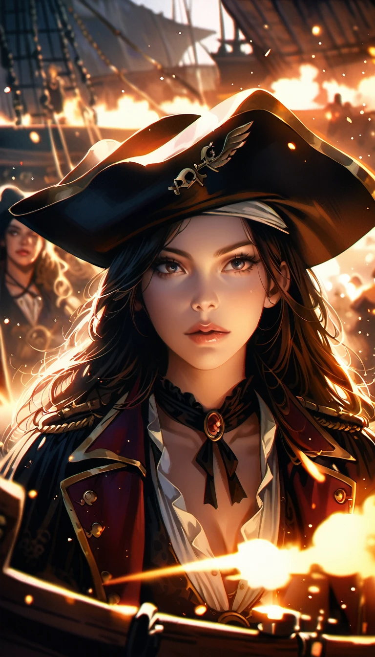 realistic female pirate, beautiful detailed eyes, beautiful detailed lips, extremely detailed face, long eyelashes, sexy pirate outfit, pirate ship, canons firing, canons smoke, explosions, sparkles, xviii century, dark moody lighting, dramatic cinematic lighting, masterpiece, hyperrealistic, 8k, photo-realistic