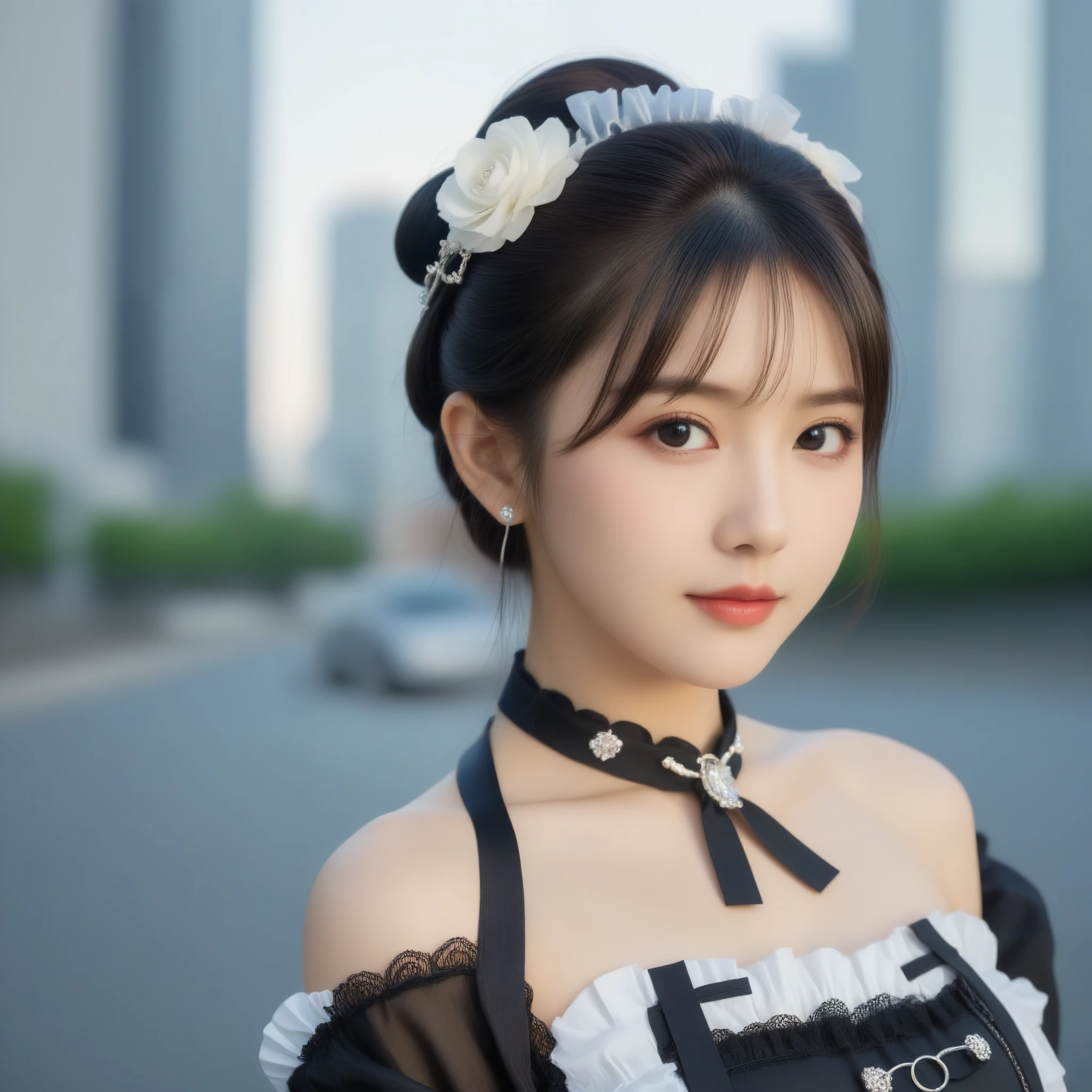 8k, Ultra-high resolution, Highest quality, masterpiece, 三分割法によるphotograph,Surreal, photograph, 1 Girl, (16 years old:1.3), pretty girl, Cute Face, Beautiful eyes in every detail, 細かくdetailedに,masterpiece,One Girl:1.2,Japanese female announcer,extream close up,grin,Black short hair,Short ponytail,Maid Android,((Fusion of Gothic Lolita and Lolita fashion:1.3)),bracelet, chest, choker, clavicle, Earrings,Futuristic cityscape ,Perfect and beautiful face ,完璧でCute Face, Skin with attention to detail, Perfect limbs、Narrow waist,Looking at the audience,(((Ideal body type))),Aカップの小さなchest :2,Portraiture:2,Perfect Anatomy,鮮明なdetailed,detailed,Surreal,Light and shadow,spotlight