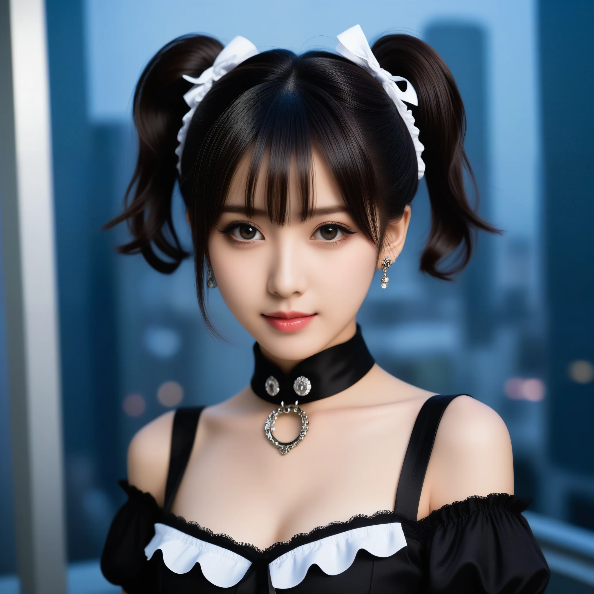 8k, Ultra-high resolution, Highest quality, masterpiece, 三分割法によるphotograph,Surreal, photograph, 1 Girl, (:1.3), pretty girl, Cute Face, Beautiful eyes in every detail, 細かくdetailedに,masterpiece,One Girl:1.2,Japanese female announcer,extream close up,grin,Black short hair,Short ponytail,Maid Android,((Fusion of Gothic Lolita and Lolita fashion:1.3)),bracelet, chest, choker, clavicle, Earrings,Futuristic cityscape ,Perfect and beautiful face ,完璧でCute Face, Skin with attention to detail, Perfect limbs、Narrow waist,Looking at the audience,(((Ideal body type))),Aカップの小さなchest :2,Portraiture:2,Perfect Anatomy,鮮明なdetailed,detailed,Surreal,Light and shadow,spotlight