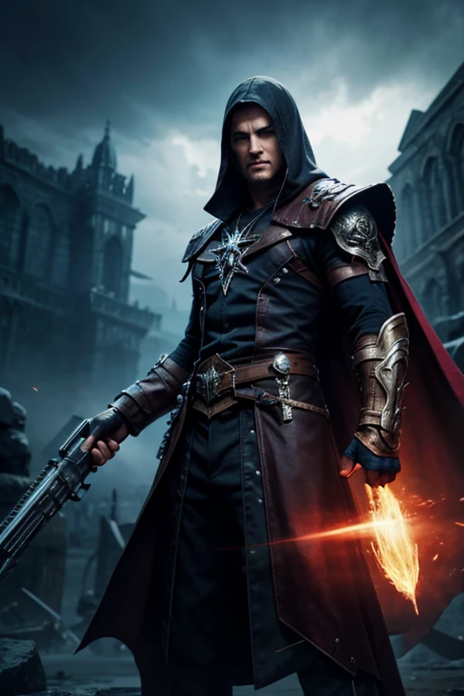 (very detailed 8k wallpaper), medium shot of the necromancer , particle lighting, high detail, dramatic, Gatling gun in hand, clean background, in a wizard's hat, background top weapon removed