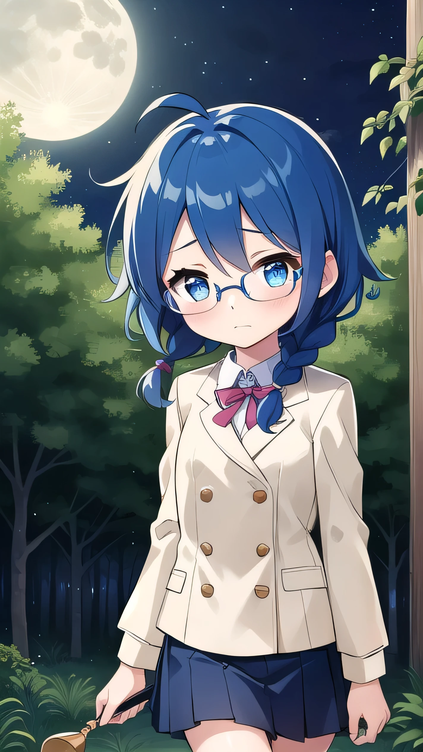 small breasted girl, short, elementary school student, blue hair, fishtail braid, blue eyes, round eyes, shy, shy, , short, young face, short height, , glasses with no edges,flat chest,night,walking,night, dark, moonlight,in the forest
