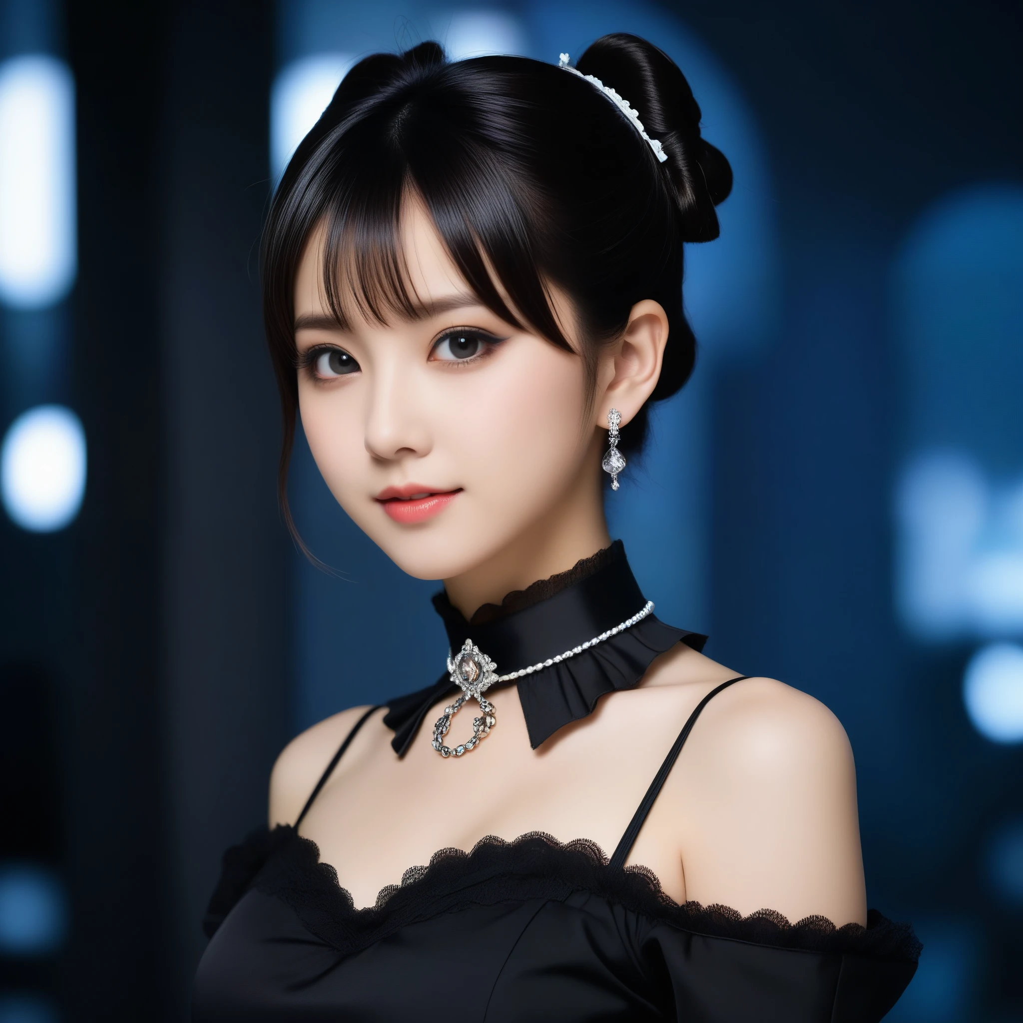 8k, Ultra-high resolution, Highest quality, masterpiece, 三分割法によるphotograph,Surreal, photograph, 1 Girl, (:1.3), pretty girl, Cute Face, Beautiful eyes in every detail, 細かくdetailedに,masterpiece,One Girl:1.2,Japanese female announcer,extream close up,grin,Black short hair,Short ponytail,Maid Android,((Fusion of Gothic Lolita and Lolita fashion:1.3)),bracelet, chest, choker, clavicle, Earrings,Futuristic cityscape ,Perfect and beautiful face ,完璧でCute Face, Skin with attention to detail, Perfect limbs、Narrow waist,Looking at the audience,(((Ideal body type))),Aカップの小さなchest :2,Portraiture:2,Perfect Anatomy,鮮明なdetailed,detailed,Surreal,Light and shadow,spotlight