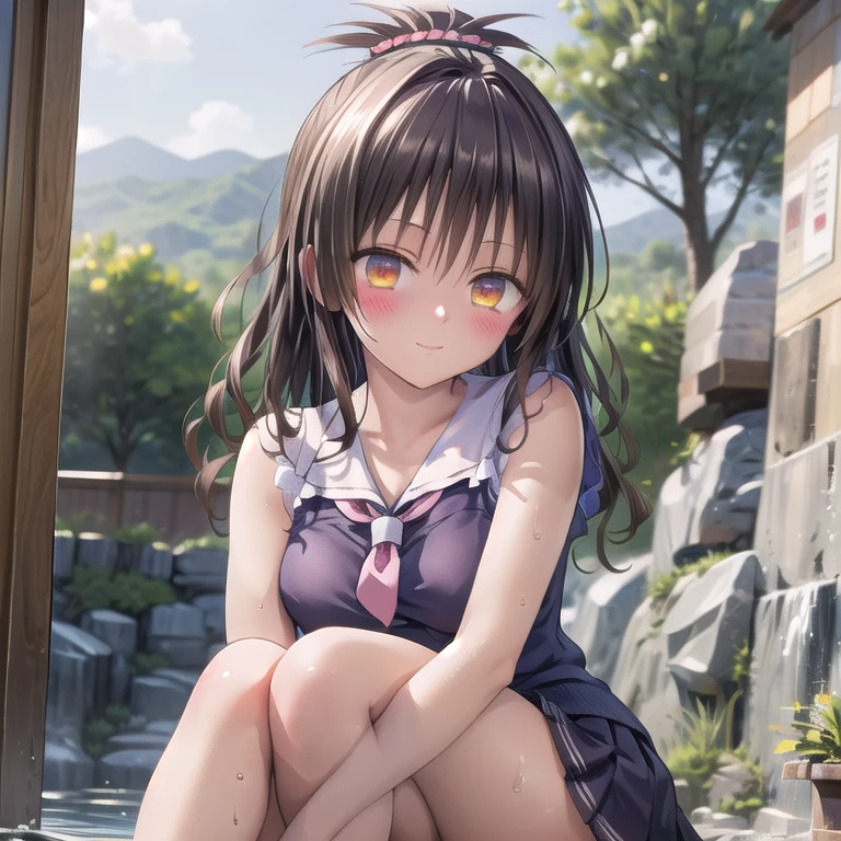 realistically, glowing eyes, ponytail, white short skirt, extra short skirt, Blush, daytime, Wet from the rain, see through, sleeveless shirt, pussy, shy, sit with knees raised, hugging knees, mikan yuki, the skirt is flipped up, smile, ************s, highest quality, High resolution, highly detailed face, perfect lighting, Very detailed CG, perfect hands, perfect figure, perfect anatomy, seduce expression, semen drip from pussy, bottomless, hand behind head, armpit, athletic figure, full body view, onsen background,