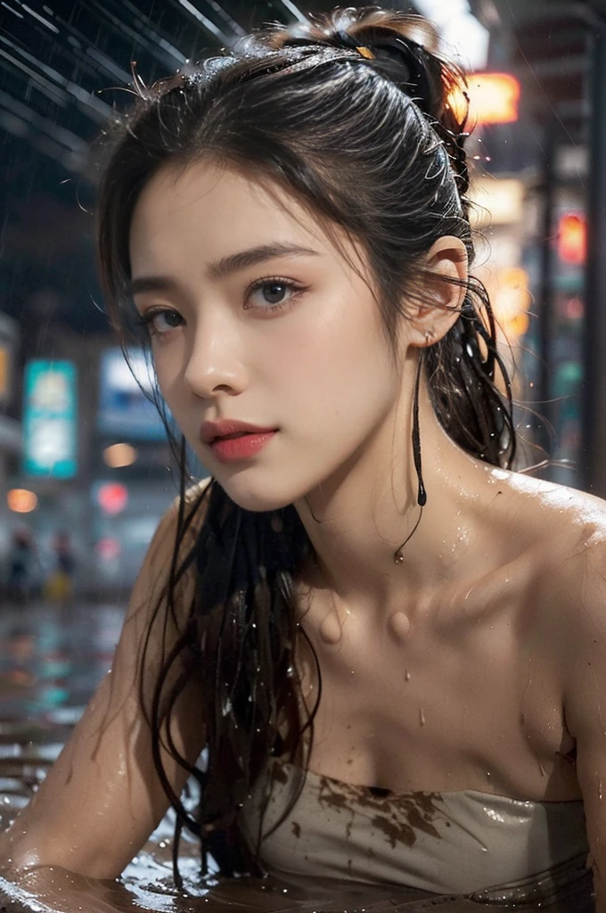 (((best quality))),(((ultra detailed))),(((masterpiece))),illustration,((1 beautiful girl,solo)),(short ponytail:1.2),(((sweat,wet))),((slim,thin)),((small breasts,flat chest)),(strapless torn brown bra:1.3),(cyberpunk city:1.3),(body soaked In the mud pit:1.3),(summer:1.2),(downpour:1.2), (mud-covered:1.2), street corner, resilience, fierce determination,vibrant colors,(mud splattered:1.3),city chaos,(muck:1.3),(neon lights:1.2),(muddy flooded street:1.3), towering buildings,(pounding rain:1.3), distressed structures,,(night scene:1.3),((from front,close-up of face))