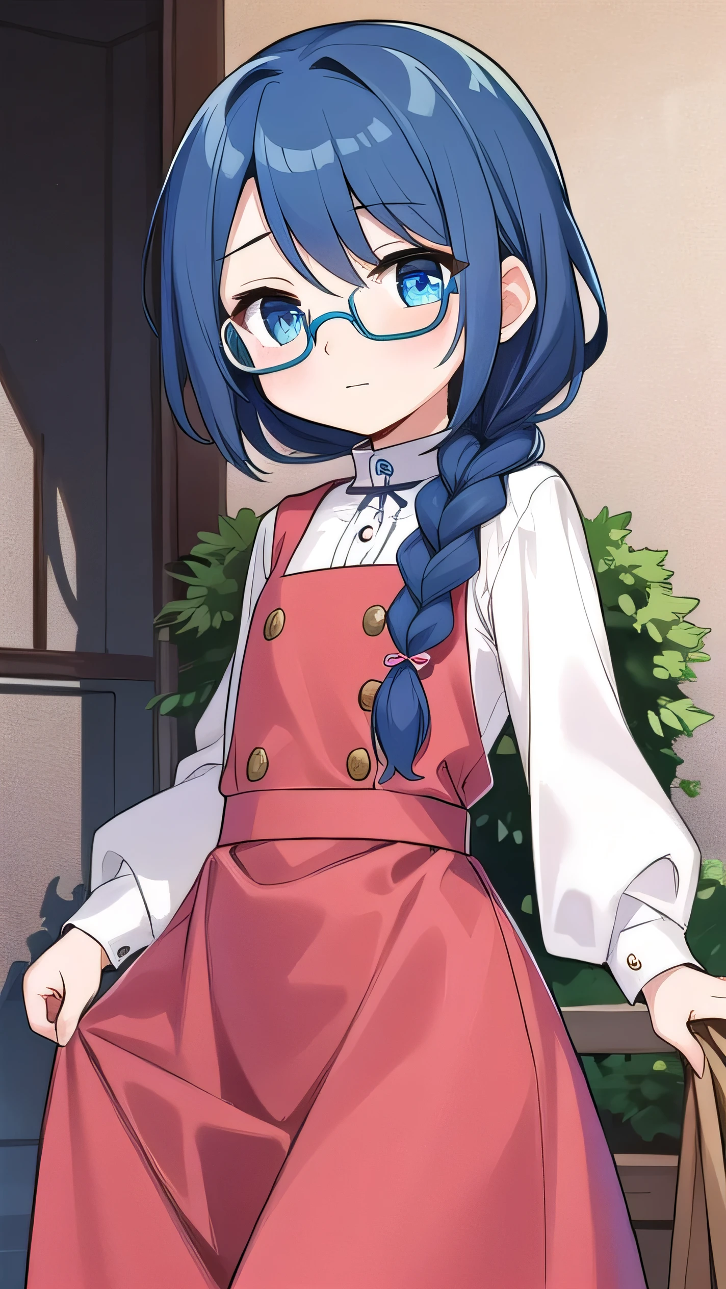 short, 12 years old, blue hair, single braid, blue eyes, round eyes, shy, shy, , short, young face, short height, , glasses with no edges,flat chest,1girl，long hair，Long sleeves, cute clothes, fancy clothes, long skirts, 
