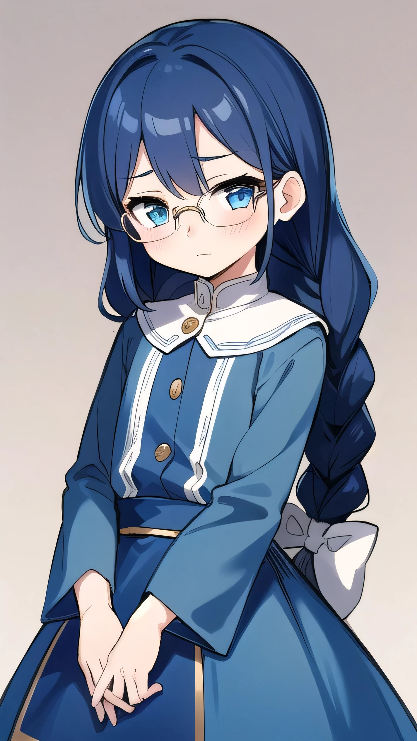 short, 12 years old, blue hair, single braid, blue eyes, round eyes, shy, shy, , short, young face, short height, , glasses with no edges,flat chest,1girl，long hair，Long sleeves, cute clothes, fancy clothes, long skirts, 