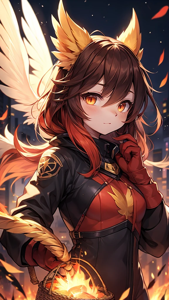 (Upper Body:1.3), 1 Girl,Phoenix Guardian, Fireproof suit with golden phoenix emblem, Fire basket with obsidian bars, Phoenix Nest，Feather golden，sparkling, Claw gloves for handling phoenixes, Fire Ruby，Used to feed Phoenix,