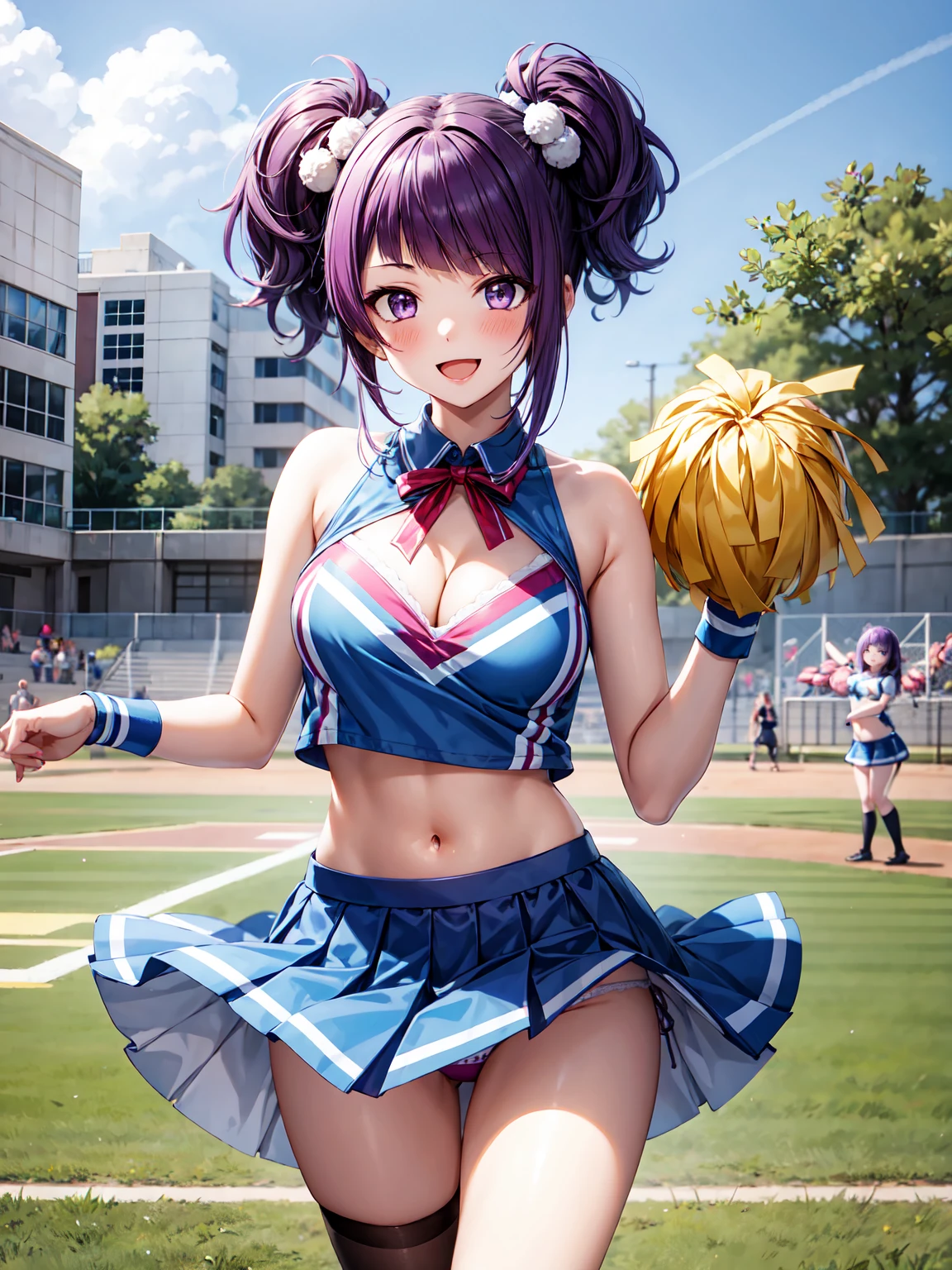 Masterpiece ,best quality , high resolution , ultra detail , (1 girl solo:1.38) , (Tanaka Mamimi , purple hair , purple eyes , two side up , gradient bang , twintall , make up) , (navel , belly , wear stockings , super mini skirt, strong wind, panties , skirt lift , cheerleader uniform) , (standing , cowboy_shot) , (cleavage:1.3) , (medium breast:1.3) , (holding pom-pom , cheerleading ) , (Outdoor, playground, baseball field, audience, cheers, ribbons, victory) , ( full face blush , shy , smile , open mouth) , (face viewer , look at the viewer)