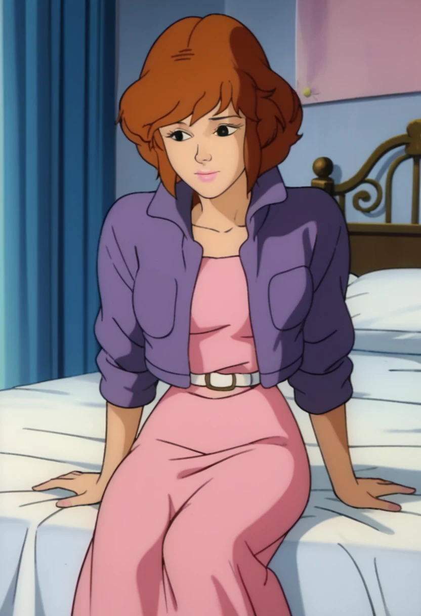 score_9, score_8_up, score_7_up,  
apriloneil, purple jacket, pink dress, indoors, lipstick, sleeves rolled up, inside bedroom, retro_artstyle, cartoon, source_cartoon, lowres, 1990s_(style), sitting on bed, shy, light smile, 