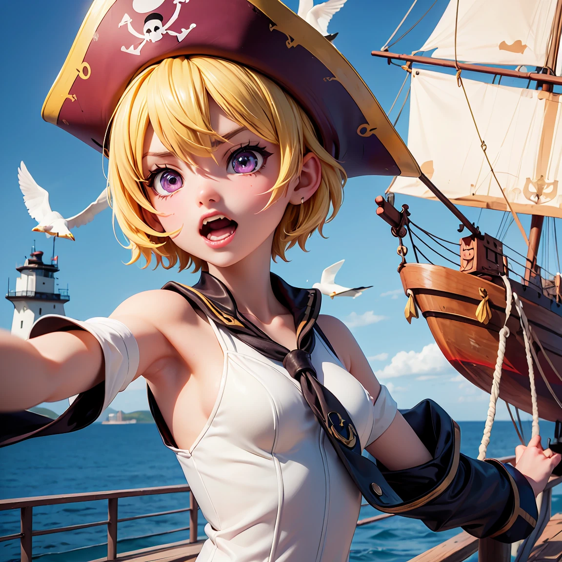 (Satoko Hojo), Pirate War, Pirate Flag, Broken ship, fierce fighting, Scream, Ship deck, inflammation, cigarette, Brave Leader, anchor, Seagull, (Yellow Hair), blonde, Purple eyes, short hair, Pirate Hat, Small breasts, I&#39;11 years old,