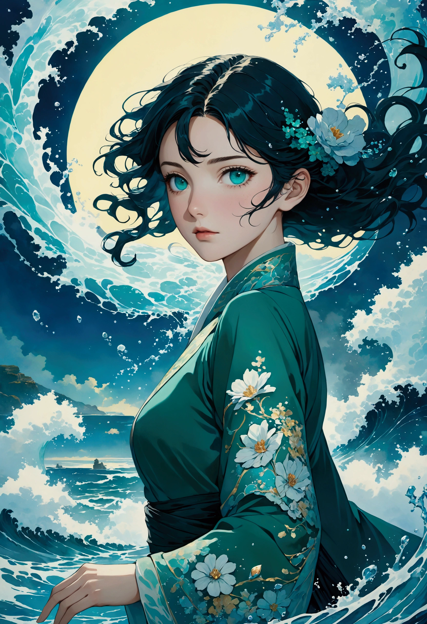 (masterpiece, Top quality, the best, Official Art, beautiful and aesthetic, Long-term contact:1.2), Fluid Movement, Charming pattern,
1 girl, Adult woman, freckle, Emerald Eye, Black wave head,
portrait, Solitary, Upper Body, Looking at the audience, Detailed background, Delicate face, (crystallized aluminum, water晶主题:1.1), elemental water wizard, swirling water, controlling the water, Clothes for fantasy magicians, Dynamic poses, Floating particles, Ethereal Dynamics, water, steam, Ocean in the background, Blue tint, support, Ethereal atmosphere,