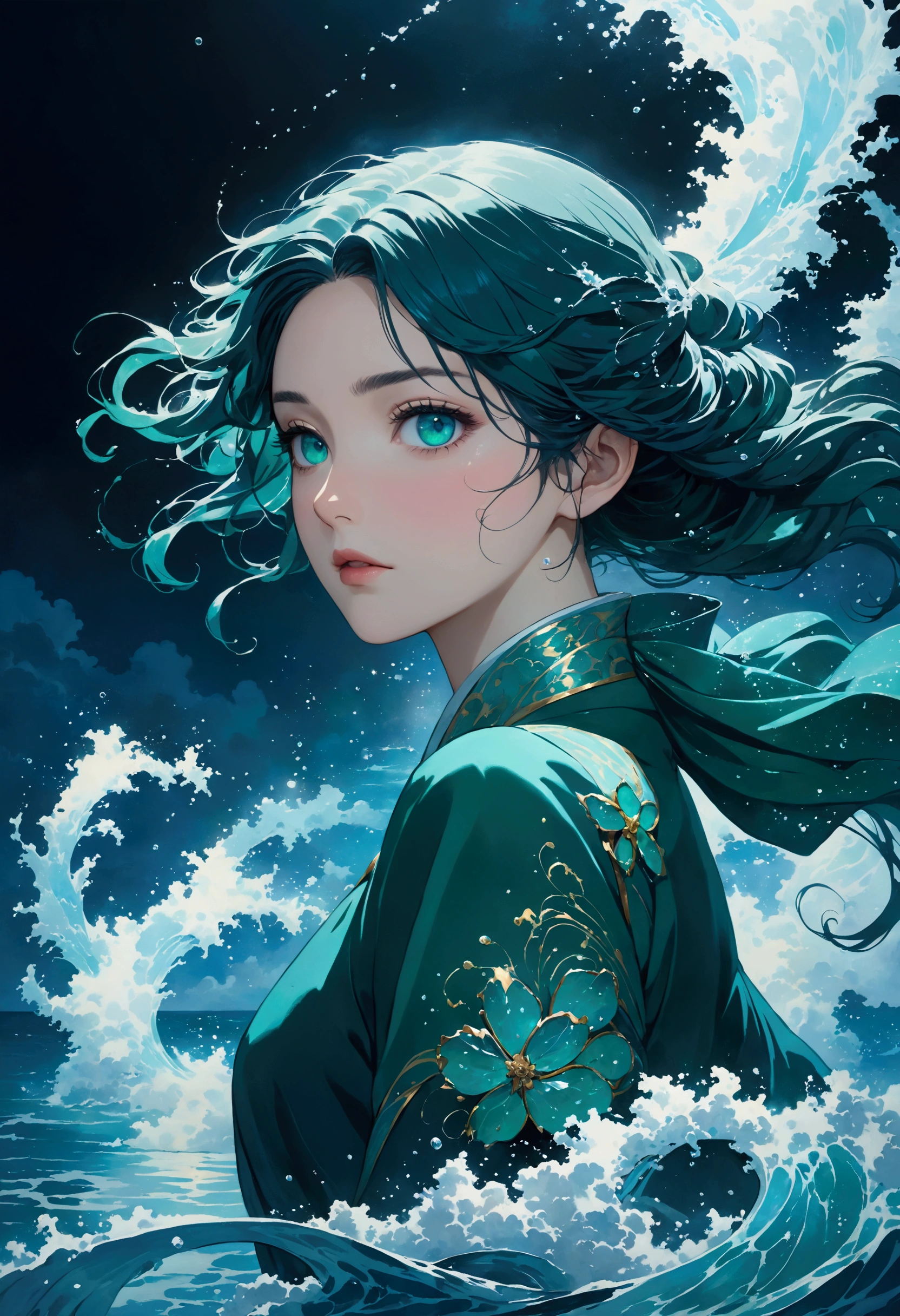 (masterpiece, Top quality, the best, Official Art, beautiful and aesthetic, Long-term contact:1.2),    Fluid Movement, Charming pattern,  
1 girl, Adult woman, freckle, Emerald Eye, Black wave head,
 portrait, Solitary, Upper Body, Looking at the audience, Detailed background, Delicate face, (crystallized aluminum, water晶主题:1.1),  elemental water wizard,  swirling water, controlling the water, Clothes for fantasy magicians, Dynamic poses, Floating particles,  Ethereal Dynamics, water,  steam, Ocean in the background, Blue tint, support,  Ethereal atmosphere,