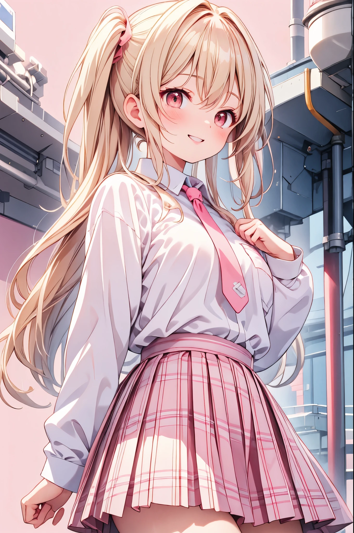 high resolution,smile,woman,woman1人,adult,Clear,cute, Blonde Hair,BREAK, Brown eyes,BREAK, high school girl,uniform,White shirt,Pink checkered pleated skirt,BREAK, Facing forward,BREAK,Pink background,]