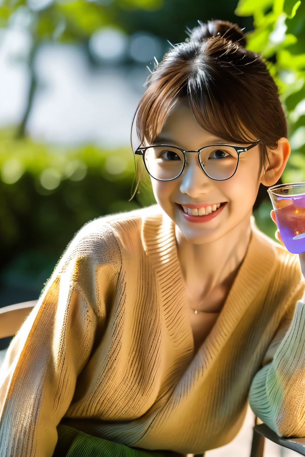 (8k, RAW photo, best quality, masterpiece), (photo realistic), outstanding details, ultra-high resolution, anatomically correct, textured skin, (Extremely precise and accurate anatomy),
Ultra Detailed Face, Detailed Eyes, 

A cute 35 year old Japanese girl,  (Relaxing at an open-air cafe in the forest), Iced tea on the table, 

cowboy shot, (looking at viewer:1.4), 
(light smile:0.1),  (Mouth slightly open:0.1),
(chignon:1.4), low chignon, (Small nose:1.2) , (small mouth:1.2), 
(Ultra Detailed Rimless small glasses),  pupils sparkling,  thin lips, thin eyebrows, 
dark brown hair, Forehead, 

Earrings, 
(white simple summer sweater:1.2),
Necklace,  
(simple cotton flared skirt , Light brown and  long length skirt), 

(background Fresh green forest, outdoor cafe,), 
morning sun, (backlighting), 
reflection light from below, 
atmospheric perspective, depth of field, 
(dramatic lighting), cinematic lighting, 