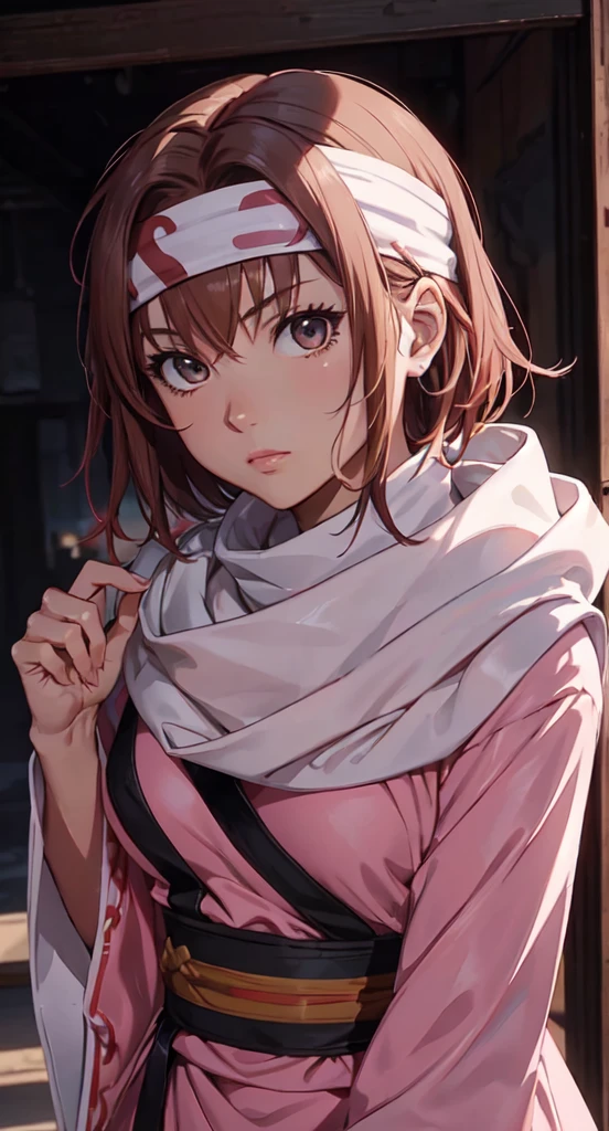(Misaka Mikoto) masterpiece), best quality, high resolution 1girl bob cut medium hair standing alone cowl headband on forehead profile image looking at viewer beautiful eyes beautiful face extremely detailed pink clothing girly kyoukai