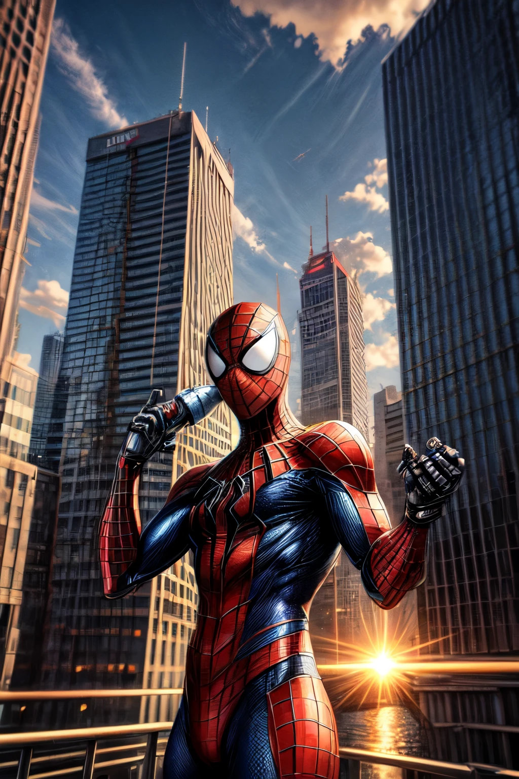 ((best quality)), ((masterpiece)), (detailed), robotic spiderman(full robot costum)wearing gas mask is floating while shooting the web wich it comes out from his hands, in the city building from the outside 360° view at noon, sunset, the sky, clouds, galsses builing 
