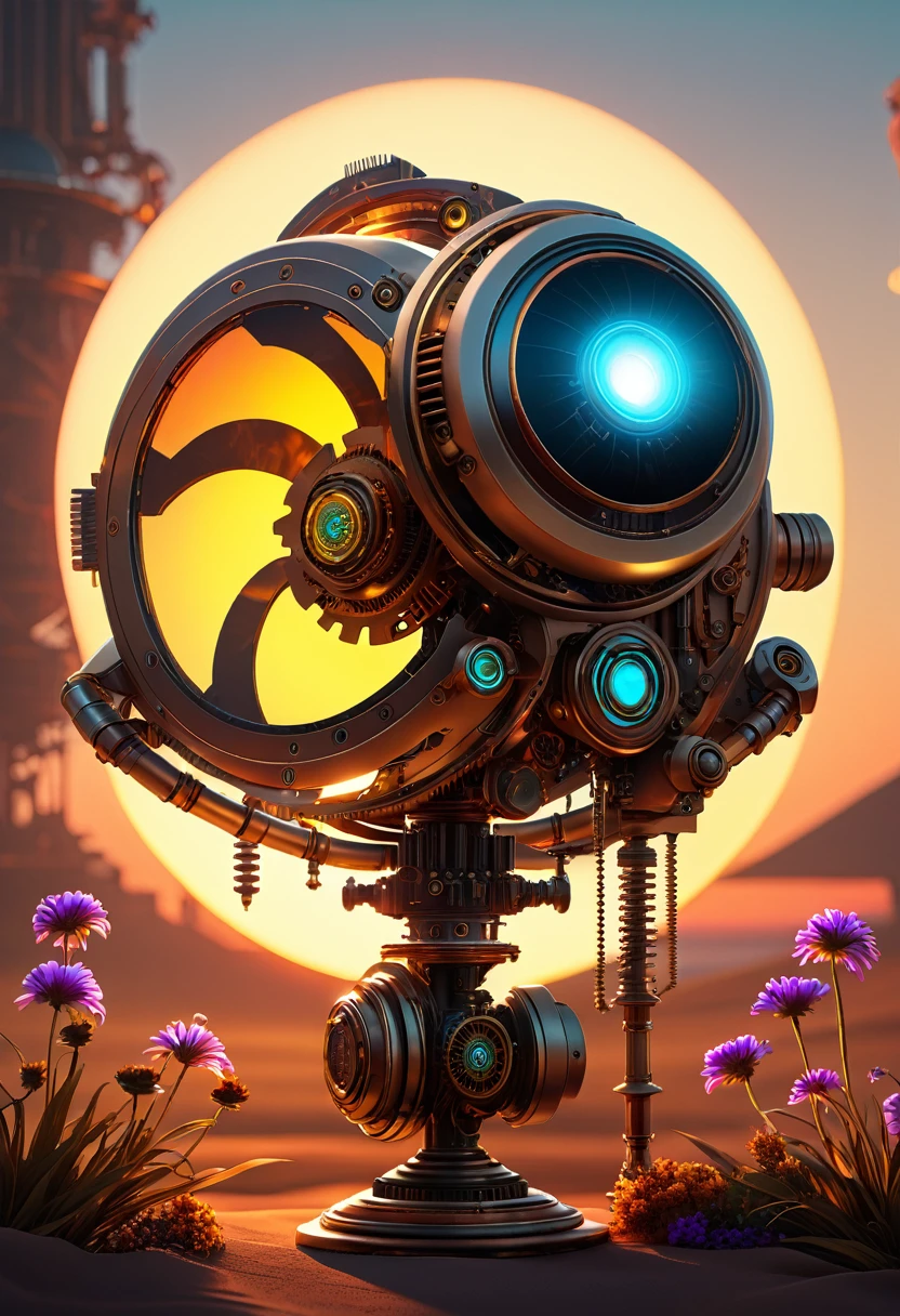 Un coq steampunk, style cyborg, fluorescent, fleurs du désert, tapis végétal du désert, coucher de soleil, dernière lumière du jour, tendance sur artstation, complexe, très détaillé, surréaliste, clair, technologie Octane.