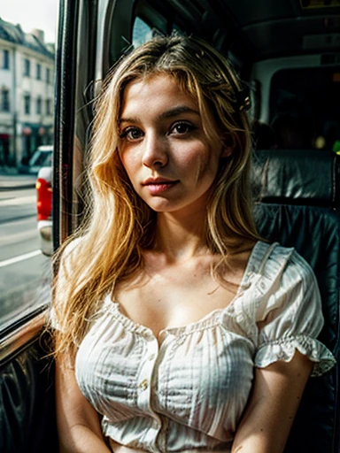 young girl, Elisabeth Green, gothic, blonde, European, has a large nose, flushed cheeks, open short blouse, summer clothes, in the bus, relaxed, photographic style, close, looking at me