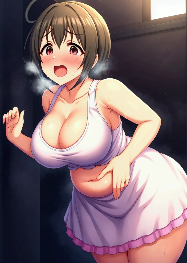 masterpiece, Highest quality, 、A person who writes in detail、Accurate human body、Knowledgeable person,Accurate 5 fingers,Mature Woman,, ,Thick thighs,( Large Breasts,Long chest, See the viewers, Curvy Body,Miho Kohinata, Idolmaster Cinderella Girls, short hair,, 《Heavy breathing ,全身にSweatをかく.vapor,Sweat,vapor,Embarrassed face, Ahegao,heart, Out of breath, Sweat, Sweatdrop, Glowing Eyes,, Wicked Smile,》Heavy breathing ,全身にSweatをかく.vapor,Sweat,vapor,Heavy breathing ,全身にSweatをかく.vapor,Sweat,vapor,White breath in the cleavage,Shiny Dress, - Elbow hand pockets, belly button, Waist cutout,,((Blowjob Gestures:1.5)),One girl,blush,Open_moutsideh,tongue_outside,, Heavy breathing ,Embarrassed face、全身にSweatをかく、vapor、Pussy juice,Putting a man&#39;s penis in your mouth、目の中がHeart symbol、Happy、Heart symbol、