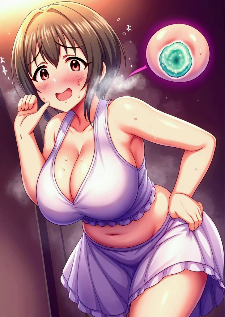 masterpiece, Highest quality, 、A person who writes in detail、Accurate human body、Knowledgeable person,Accurate 5 fingers,Mature Woman,, ,Thick thighs,( Large Breasts,Long chest, See the viewers, Curvy Body,Miho Kohinata, Idolmaster Cinderella Girls, short hair,, 《Heavy breathing ,全身にSweatをかく.vapor,Sweat,vapor,Embarrassed face, Ahegao,heart, Out of breath, Sweat, Sweatdrop, Glowing Eyes,, Wicked Smile,》Heavy breathing ,全身にSweatをかく.vapor,Sweat,vapor,Heavy breathing ,全身にSweatをかく.vapor,Sweat,vapor,White breath in the cleavage,Shiny Dress, - Elbow hand pockets, belly button, Waist cutout,,((Blowjob Gestures:1.5)),One girl,blush,Open_moutsideh,tongue_outside,, Heavy breathing ,Embarrassed face、全身にSweatをかく、vapor、Pussy juice,Putting a man&#39;s penis in your mouth、目の中がHeart symbol、Happy、Heart symbol、