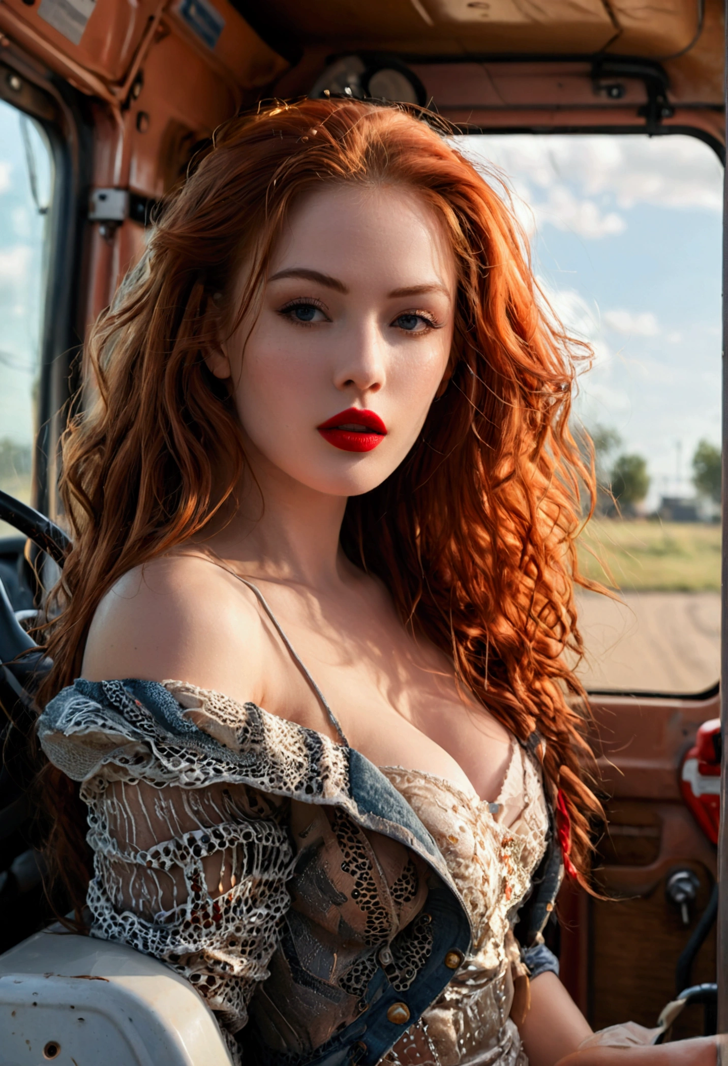 (full body shot:1) photorealistic image of a (standing pose:1) ultrarealistic, photography, long red hair, woman, 24 years old, hourglass figure, perfect body, Flirty look, natural medium breasts, blur background, she is sitting in the passenger side of a huge 16 wheeler truck, she applies red lipstick while she looks over seductively to the driver's side