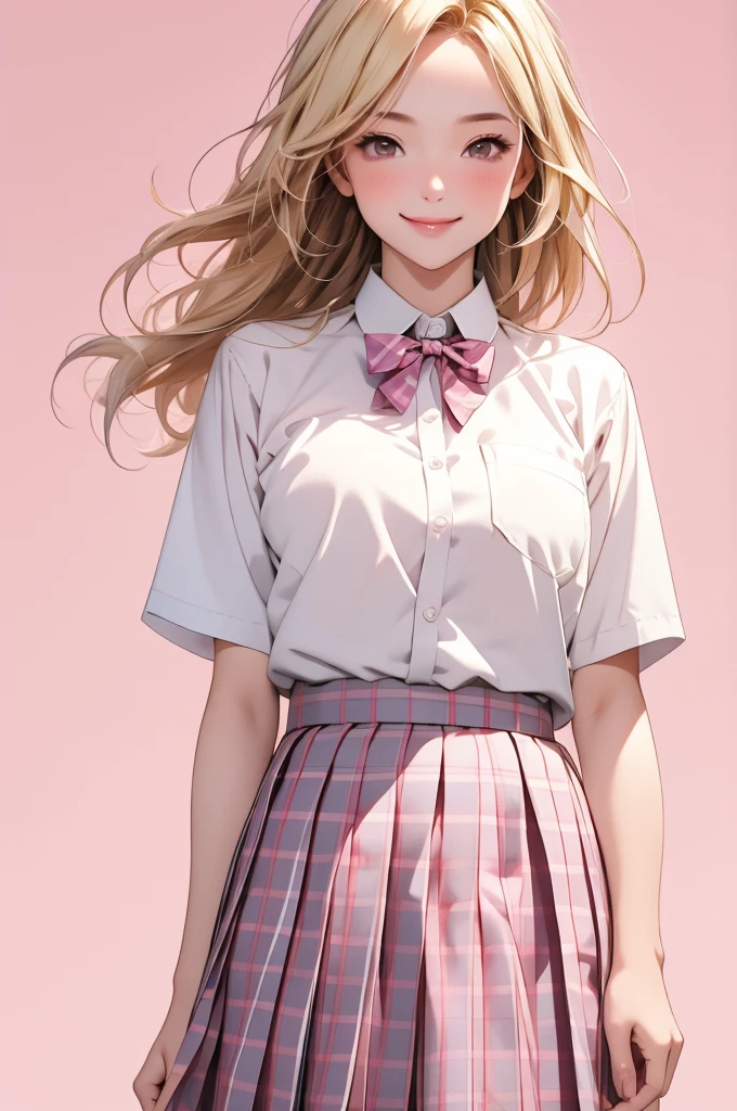 high resolution,smile,woman,woman1人,adult,Clear,cute, Blonde Hair,BREAK, Brown eyes,BREAK, high school girl,uniform,White shirt,Pink checkered pleated skirt,BREAK, Facing forward,BREAK,Pink background,