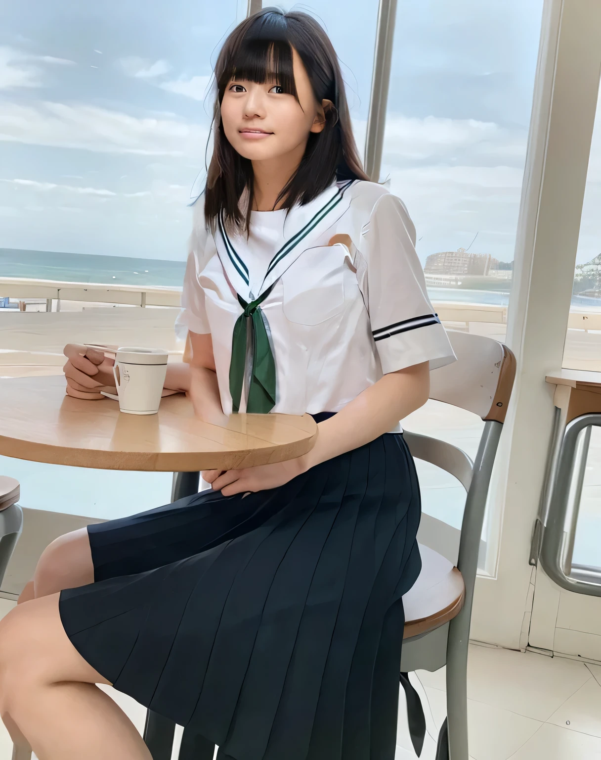 Super detailed,Highest quality,1 high school girl,,sitting in a seaside cafe,Sitting in a chair,She is wearing a white short-sleeved blouse and a black pleated mini skirt.,I can see the ocean in the distance,There is a coffee cup on the table in the cafe,Illuminated by the summer sun,Daytime sunlight,You can see the blue sky and the sea,Bracelet on arm,pink nail polish on fingers,Sitting with legs together,Wearing sneakers,Distant scenery is blurry