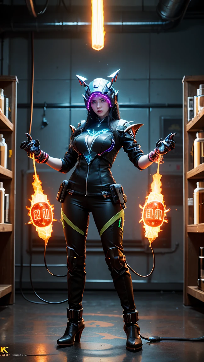"Create an image of Clockwerk (Rattletrap) from DOTA game in her Electro skin, with electrified circuits and glowing energy conduits, have massive k-cups, standing in a high-tech laboratory with electrical equipment and sparks."