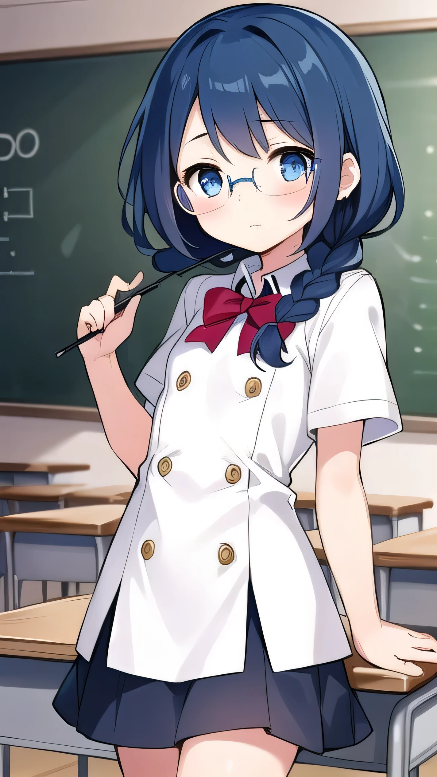 small breasted girl, short, elementary school student, blue hair, single braid, blue eyes, round eyes, shy, shy, classroom, short, young face, short height, , glasses with no edges,flat chest,