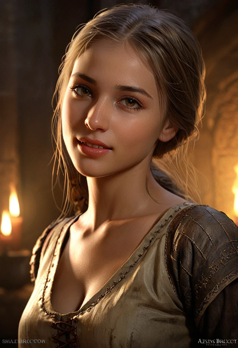 Style by Style Style Crypt Award winner, Spectacular oil painting of a beautiful medieval peasant girl, 15yo, (seductive expression:1.2), erotic espression, an ominous, evil, (Backlight:1.3), Digital Painting, concept art, Smooth, Sharp focus, Three-part method, Dark fantasy,Intricate details, art：Alexis Briclot, Medium Shot, (Shallow depth of field:1.3), grin seductively, She is in sexual climax. erotic, sexy, seductive, moistskin, hyper detailed skin texture, 