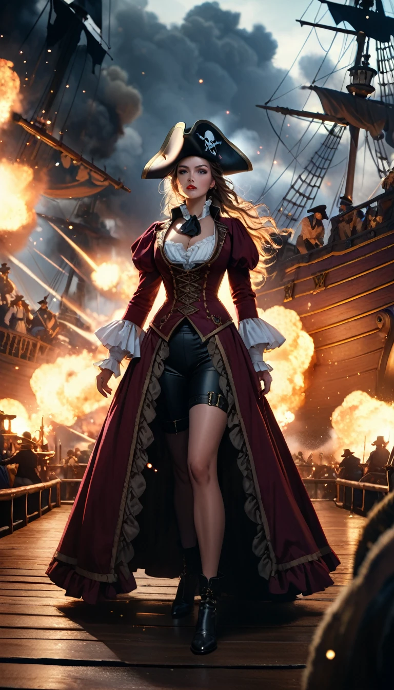 realistic female pirate, beautiful detailed eyes, beautiful detailed lips, extremely detailed face, long eyelashes, sexy pirate outfit, pirate ship, canons firing, canons smoke, explosions, sparkles, xviii century, dark moody lighting, dramatic cinematic lighting, masterpiece, hyperrealistic, 8k, photo-realistic