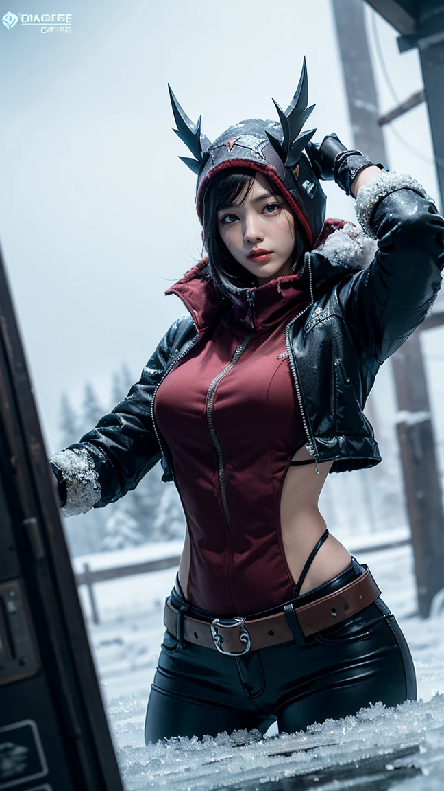 "Depict Clockwerk (Rattletrap) from DOTA game in her Frost attire, with frosty, ice-covered mechanical parts and a cold, blue glow, have massive k-cups, in a wintry landscape with snow-covered machinery and ice formations."

