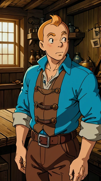 (1man, Tintin), (extremely detailed CG unit 8k wallpaper),(master part), (best quality), (ultra detail), (best illustration),(ghibli style), cowboy shot, (Sharp eyeliner, ombre, detail eyes:1), dark tavern interiors background, ,break , (salvagepirateworld), upper body,