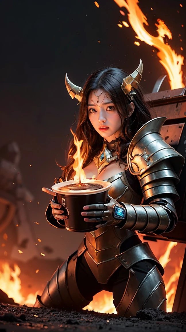 "Show Clockwerk (Rattletrap) from DOTA game in her Infernal set, with fiery, molten armor and blazing mechanical components, have massive k-cups, in a volcanic terrain with lava flows and fiery eruptions."

