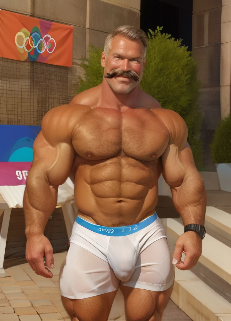 old man, muscle male, on olympic games, wearing a white short shorts, nice bulge, nicebulge, legs open, soft smile, graying hair, mustache, long socks, white sneakers,