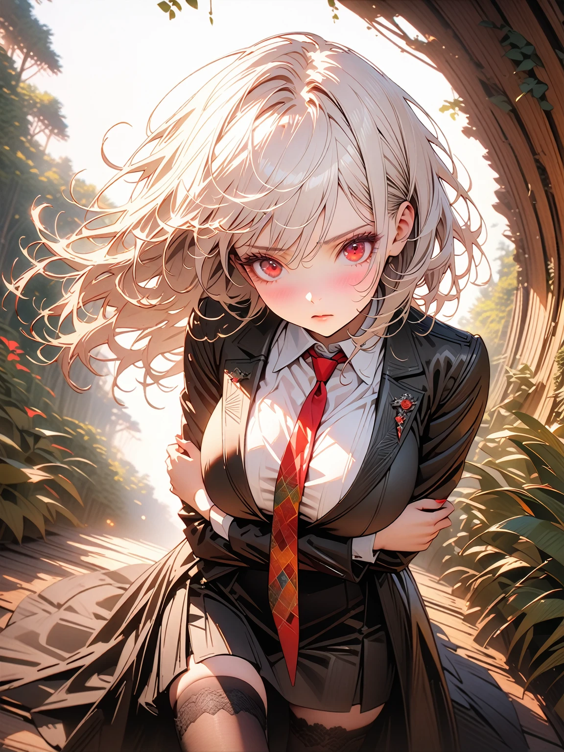 1women,(White hair),(White eyelashes),(Red eyes),( wears a white shirt),(Black jacket),(Big breasts),(Red tie),(Black tight skirt),(Sexy women's stockings),(Expressionless face),(full body-show),(cross arms),(masterpiece:1.5), (8k details:1.3), (unlimited details:1.2), (best eyes:1.4), (ultra clothes details:1.3), (highly detailed background), (vibrant colors), (dynamic lighting), (realistic skin texture), (intricate patterns), (sharp focus), (full-body view), (natural poses), (expressive emotions), (cinematic composition),(Forest background)