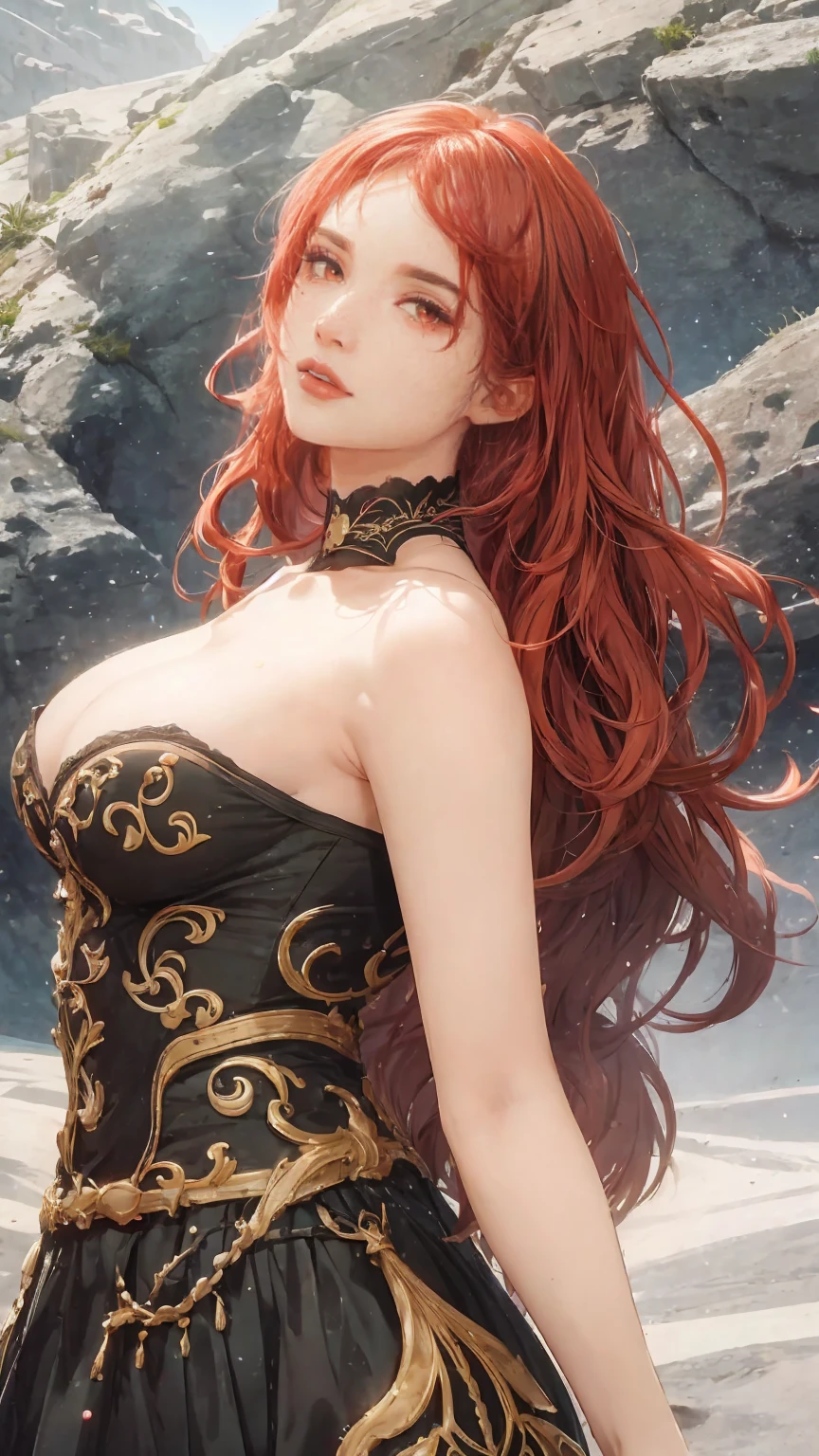 16K, Ultra High Definition, Super detailed, Shiny detailed hair, detailed face, fantasy landscape, solo, looking at viewer, full body shot, {{best quality}}, {{masterpiece}}, {{ultra-detailed}}, {detailed light}, red left eye, ((black patch on right eye)), beautiful lips, red hair, long hair, beautiful, skinny body, white skin