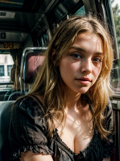 young girl, Hannah Kensington, gothic, blonde, European, has a large nose, flushed cheeks, open short blouse, summer clothes, in the bus, relaxed, photographic style, close, looking at me