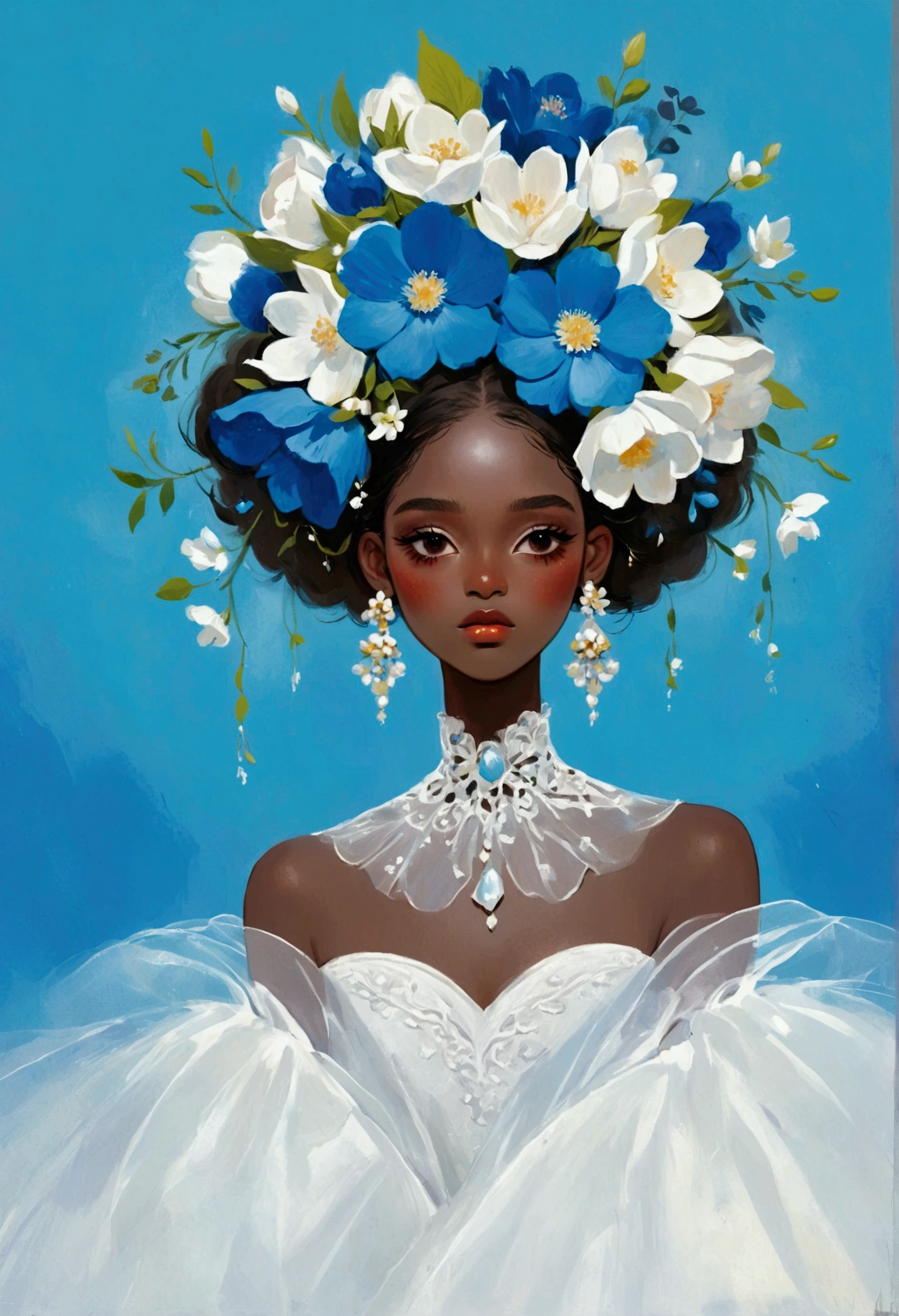 illustration：1 beautiful girl，Dark Skin，Flower Earrings，Flower headdress，White exaggerated dress，Exaggerated sleeves，Fluffy white tulle，Blue Background
