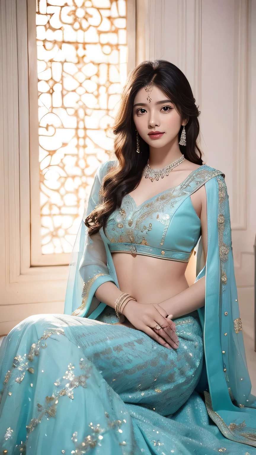 (best quality, ultra-detailed, realistic:1.37), professional, beautiful detailed eyes, beautiful detailed lips, detailed facial features, natural skin tones, perfect skin texture, delicate facial expressions, image in high resolution, realistic face, realistic skin, plain face, natural smile, highly detailed hair, 20 years, (Kiran, beautiful Indian young woman), radiates cyan bridal glamour in an exquisite Lehenga Choli adorned with intricate embroidery and ornate jewelry. The high-resolution image captures ultra-detailed realism, highlighting Kiran's captivating eyes, sitting, expressive lips, and graceful facial features, enhancing her bridal beauty. The soft lighting and floral decorations create a visually stunning representation of traditional Indian weddings and the joyous celebration of love, Beautiful background.
