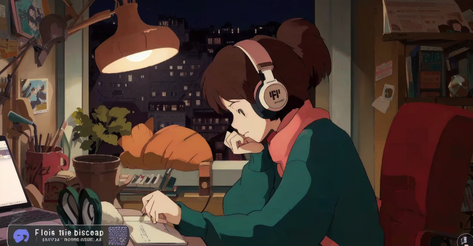 A cartoon character wearing headphones and sitting at a desk with a laptop, LOFI Girl, Lofi Artstyle, satoshi kon artstyle, Lofi Art, Ghibli anime style style, Anime movie screenshots, Ghibli anime style, LOFI Girl aesthetic, Chihiro! fujisaki, Lo-fi feeling, Ghibli Studio Anime Style, Studio Ghibli Anime Screenshots,8k