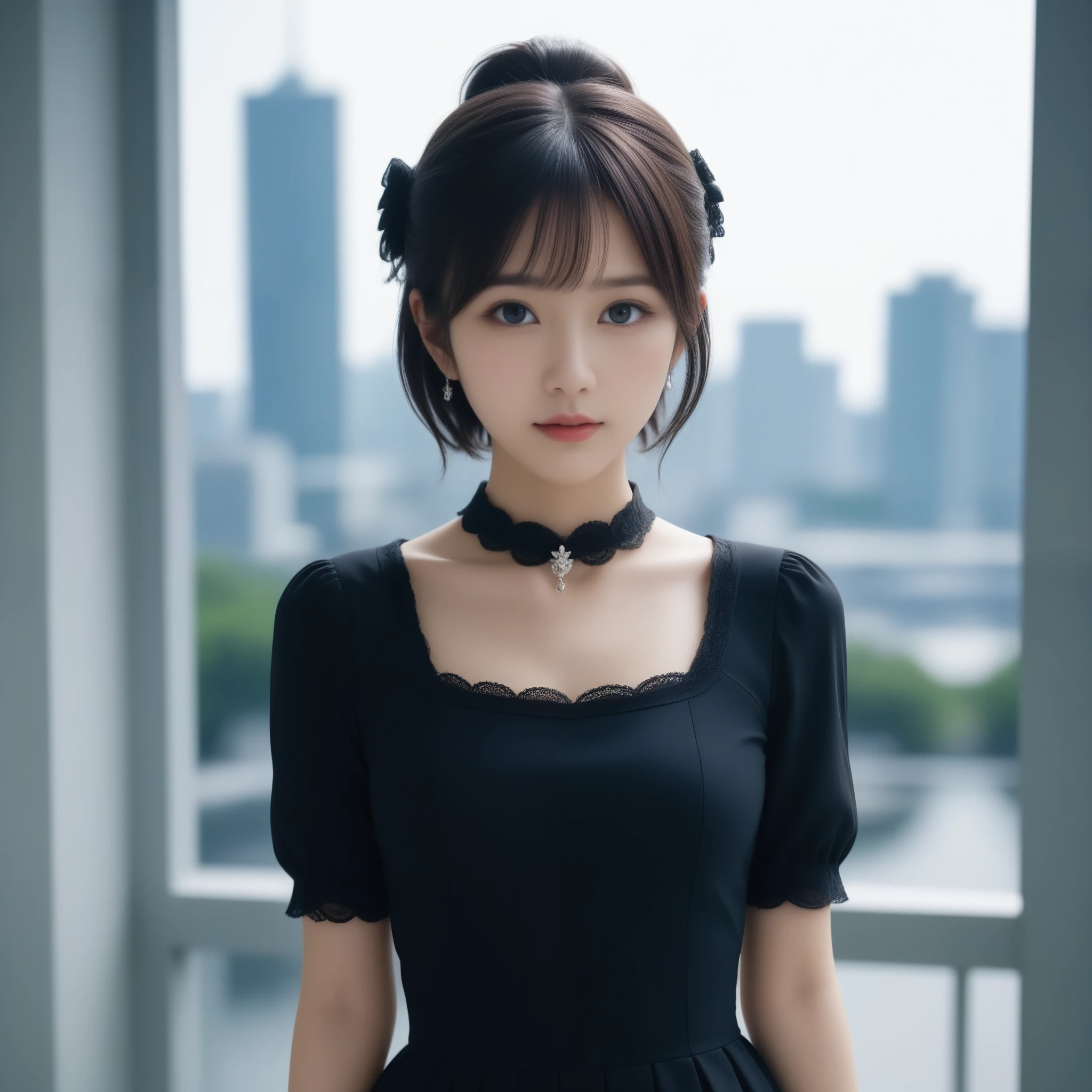 8k, Ultra-high resolution, Highest quality, masterpiece, 三分割法によるphotograph,Surreal, photograph, 1 Girl, (16 years old:1.3), pretty girl, Cute Face, Beautiful eyes in every detail, 細かくdetailedに,masterpiece,One Girl:1.2,Japanese female announcer,extream close up,grin,Black short hair,Short ponytail,Maid Android,((Fusion of Gothic Lolita and Lolita fashion:1.3)),bracelet, chest, choker, clavicle, Earrings,Futuristic cityscape ,Perfect and beautiful face ,完璧でCute Face, Skin with attention to detail, Perfect limbs、Narrow waist,Looking at the audience,(((Ideal body type))),Aカップの小さなchest :2,Portraiture:2,Perfect ???????,鮮明なdetailed,detailed,Surreal,Light and shadow,spotlight