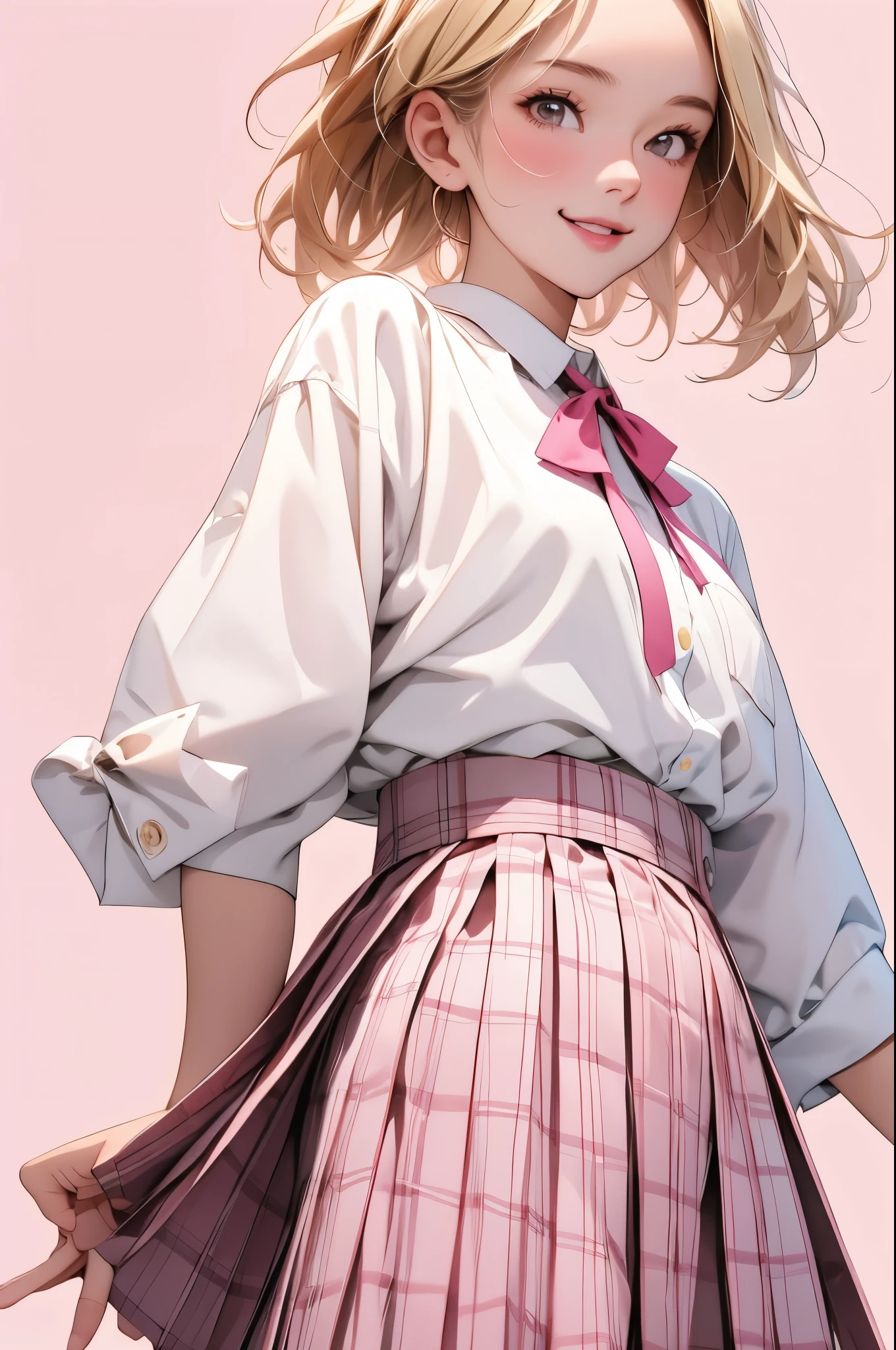 high resolution,smile,woman,woman1人,adult,Clear,cute, Blonde Hair,BREAK, Brown eyes,BREAK, high school girl,uniform,White shirt,Pink checkered pleated skirt,BREAK, Facing forward,BREAK,Pink background,