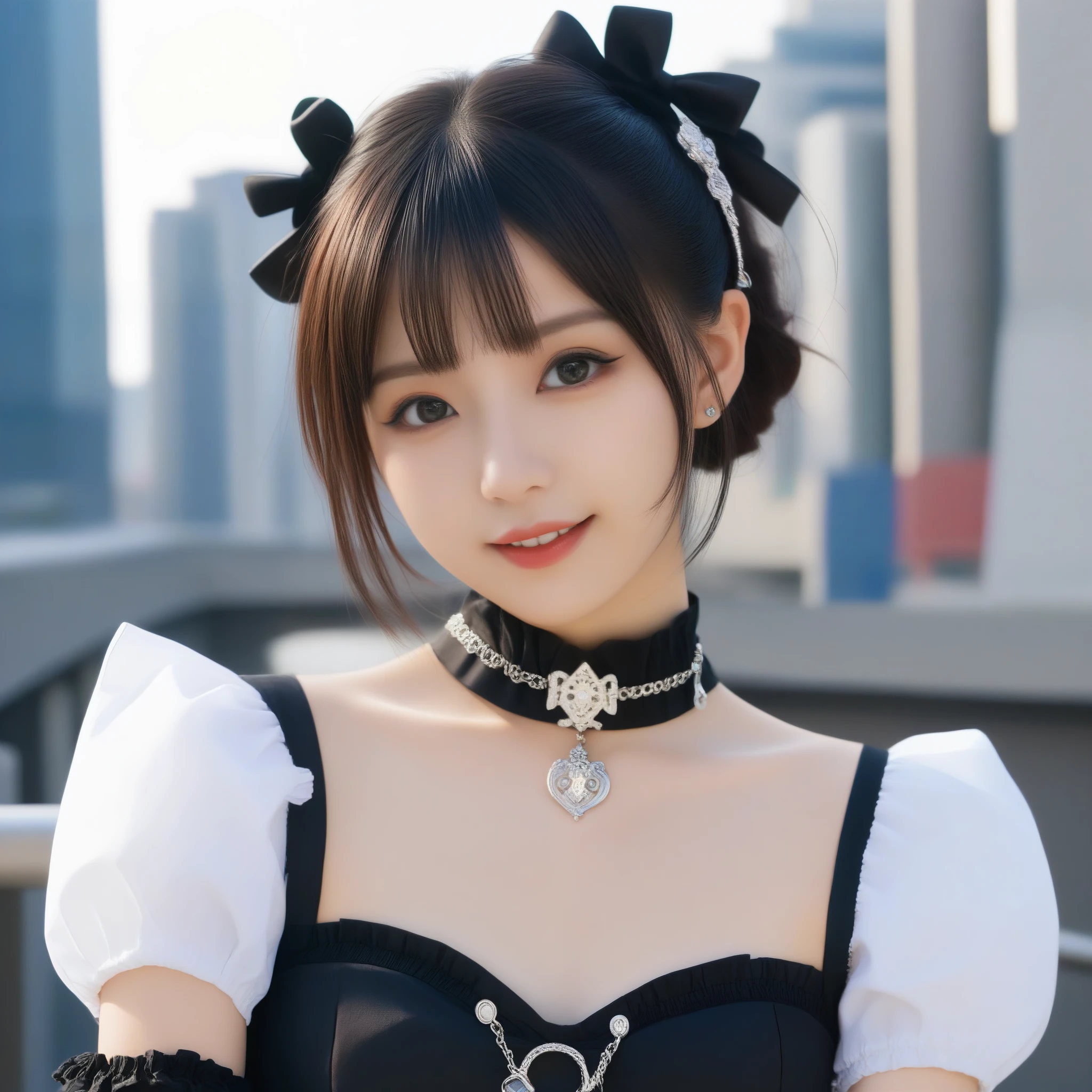 8k, Ultra-high resolution, Highest quality, masterpiece, 三分割法によるphotograph,Surreal, photograph, 1 Girl, (16 years old:1.3), pretty girl, Cute Face, Beautiful eyes in every detail, 細かくdetailedに,masterpiece,One Girl:1.2,Japanese female announcer,extream close up,grin,Black short hair,Short ponytail,Maid Android,((Fusion of Gothic Lolita and Lolita fashion:1.3)),bracelet, chest, choker, clavicle, Earrings,Futuristic cityscape ,Perfect and beautiful face ,完璧でCute Face, Skin with attention to detail, Perfect limbs、Narrow waist,Looking at the audience,(((Ideal body type))),Aカップの小さなchest :2,Portraiture:2,Perfect Anatomy,鮮明なdetailed,detailed,Surreal,Light and shadow,spotlight